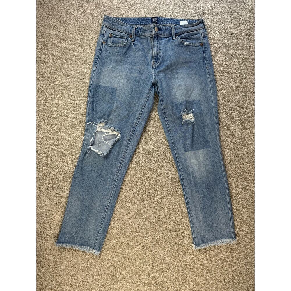 GAP Jeans Girlfriend Mid Rise Patchwork Distressed Ankle Crop Size 28‎